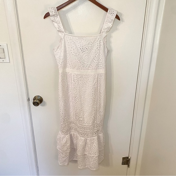 Banana Republic Eyelet Pinafore Dress Midi White Lace Ruffle Square Neck Size 2 - Picture 2 of 11